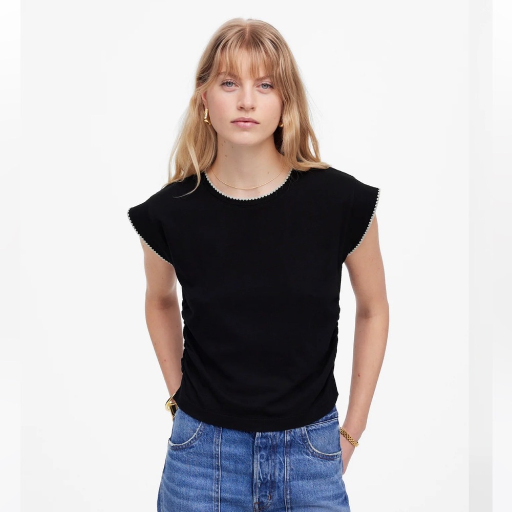 NWT Madewell Side-Cinch Muscle Tee size XL in True Black White Embroidery Trim